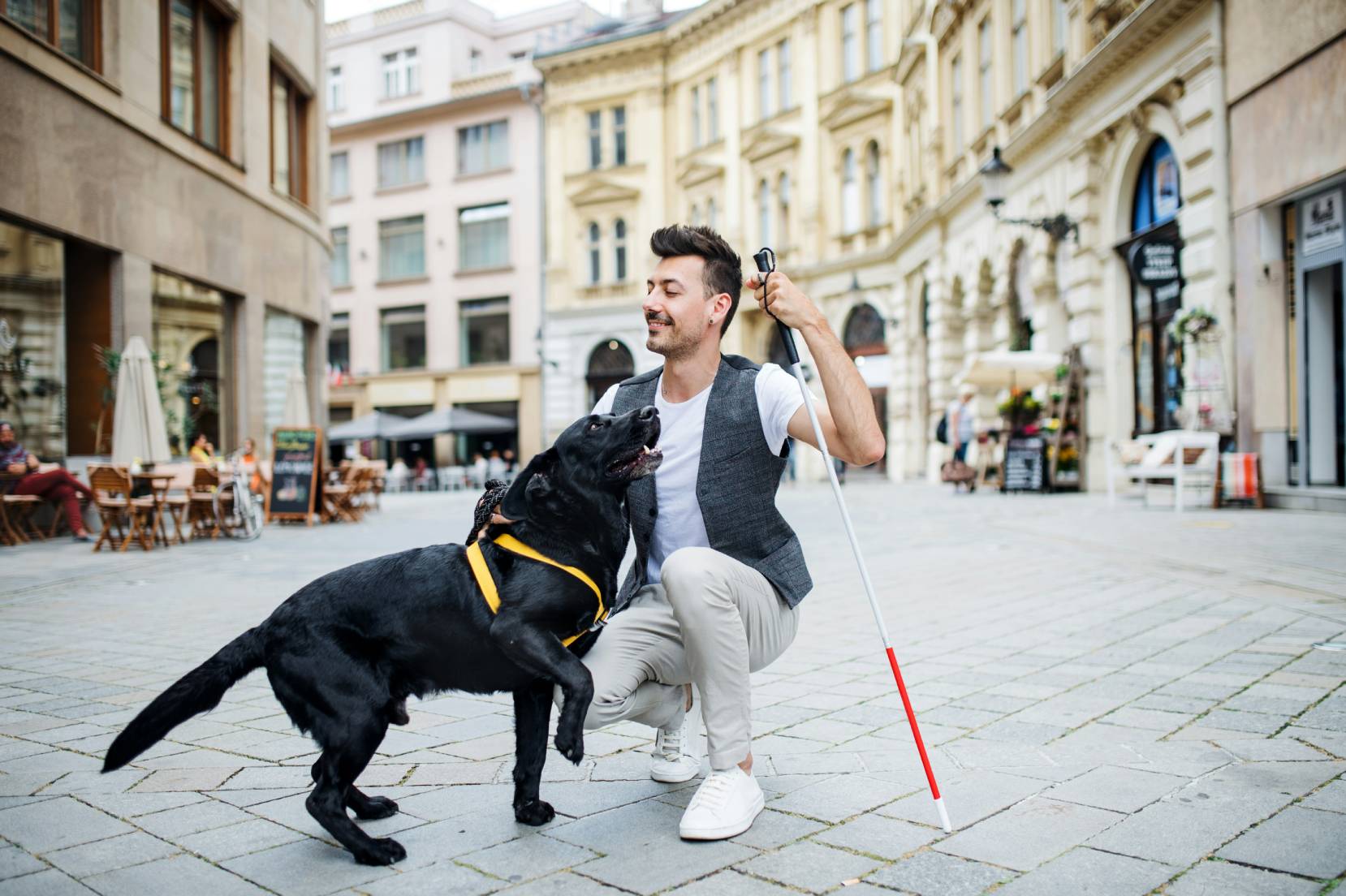 un ragazzo con un bastone per ciechi nella mano sinistra è inginocchiato per accarezzare il suo cane guida di colore nero